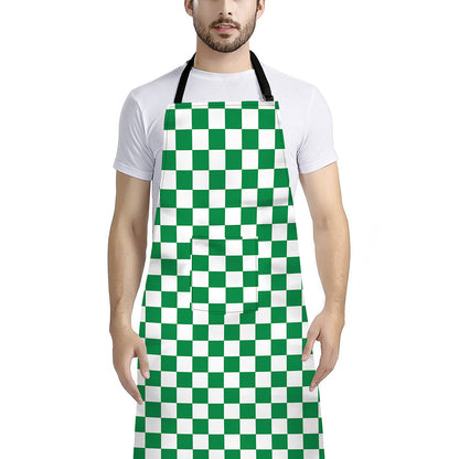 Green And White Checkered Pattern Print Bib Apron With Pocket