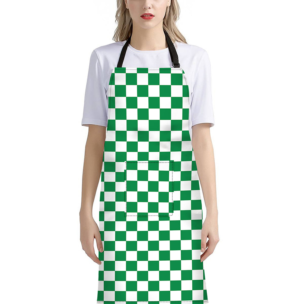 Green And White Checkered Pattern Print Bib Apron With Pocket