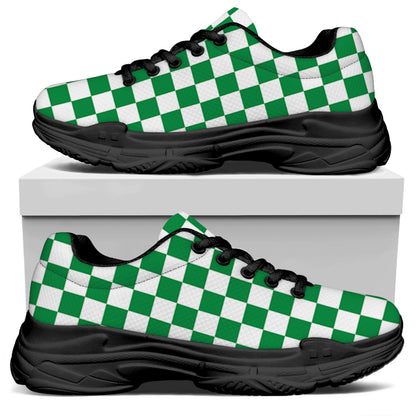 Green And White Checkered Pattern Print Black Chunky Shoes