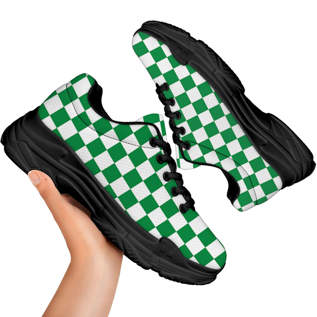 Green And White Checkered Pattern Print Black Chunky Shoes