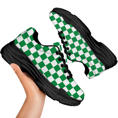 Green And White Checkered Pattern Print Black Chunky Shoes