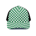 Green And White Checkered Pattern Print Black Mesh Trucker Hat