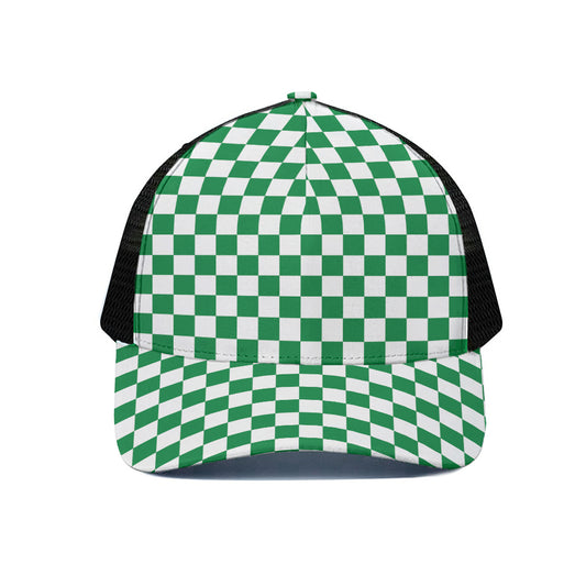 Green And White Checkered Pattern Print Black Mesh Trucker Cap