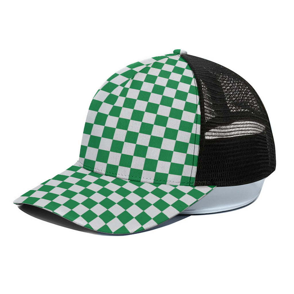 Green And White Checkered Pattern Print Black Mesh Trucker Cap