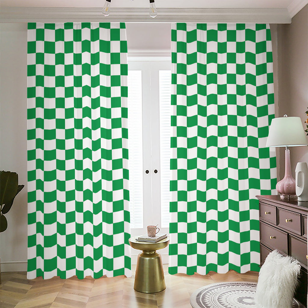 Green And White Checkered Pattern Print Blackout Pencil Pleat Curtains