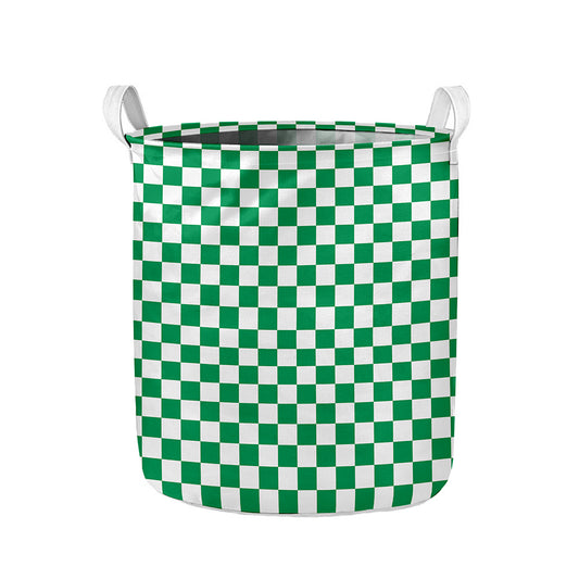 Green And White Checkered Pattern Print Collapsible Laundry Basket