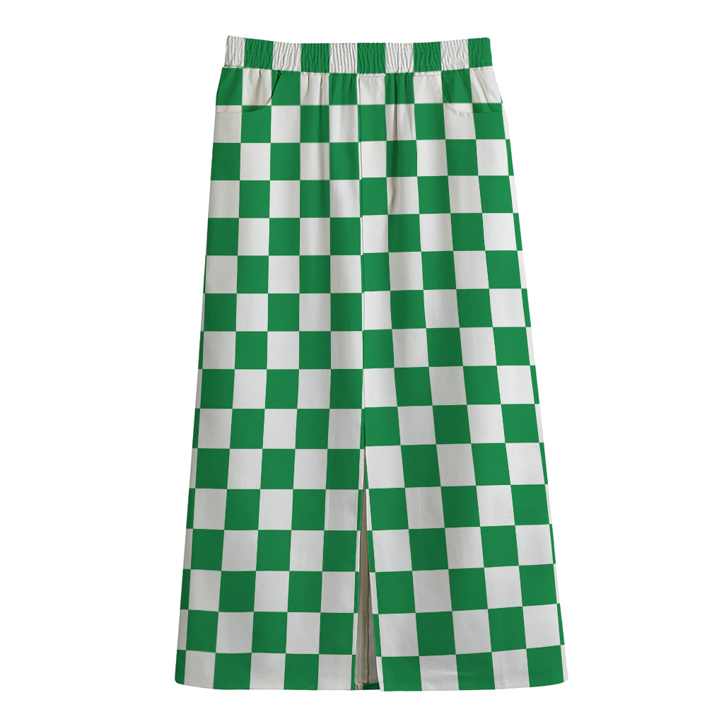 Green And White Checkered Pattern Print Cotton Front Slit Maxi Skirt