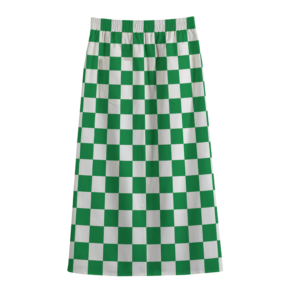 Green And White Checkered Pattern Print Cotton Front Slit Maxi Skirt