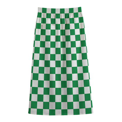 Green And White Checkered Pattern Print Cotton Front Slit Maxi Skirt