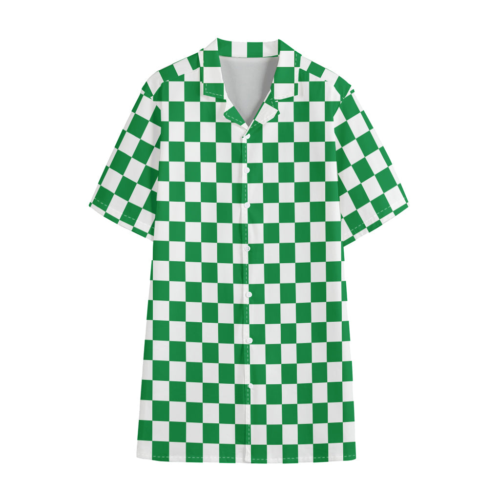 Green And White Checkered Pattern Print Cotton Hawaiian Shirt