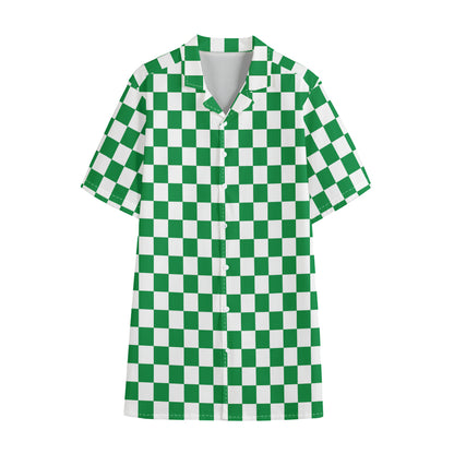 Green And White Checkered Pattern Print Cotton Hawaiian Shirt