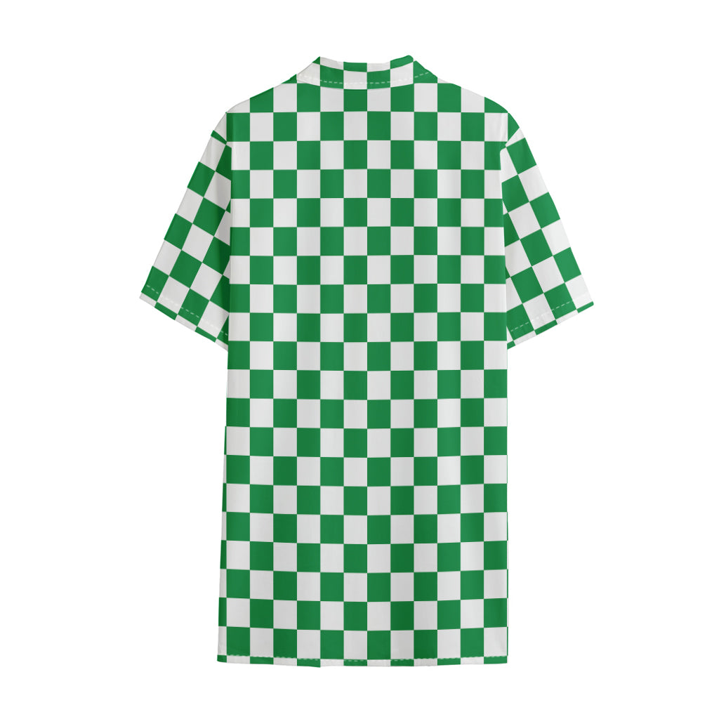 Green And White Checkered Pattern Print Cotton Hawaiian Shirt