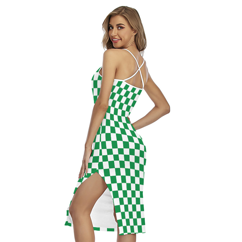 Green And White Checkered Pattern Print Cross Back Cami Dress