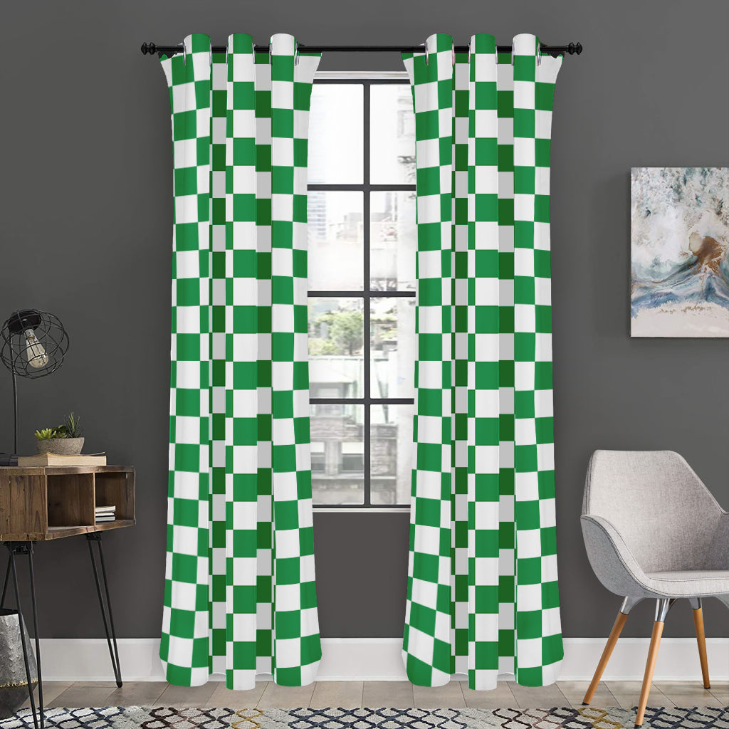Green And White Checkered Pattern Print Curtain