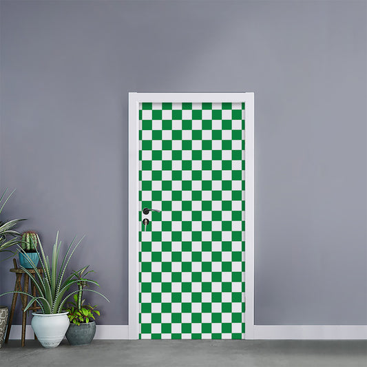 Green And White Checkered Pattern Print Door Sticker
