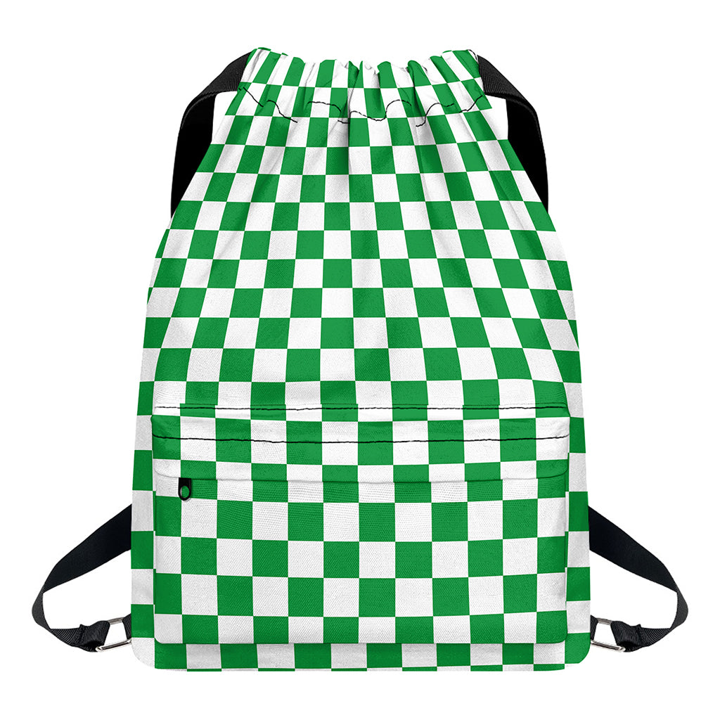 Green And White Checkered Pattern Print Drawstring Backpack