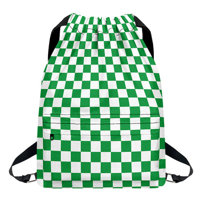 Green And White Checkered Pattern Print Drawstring Backpack