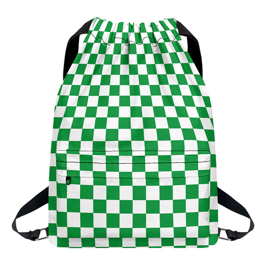 Green And White Checkered Pattern Print Drawstring Backpack