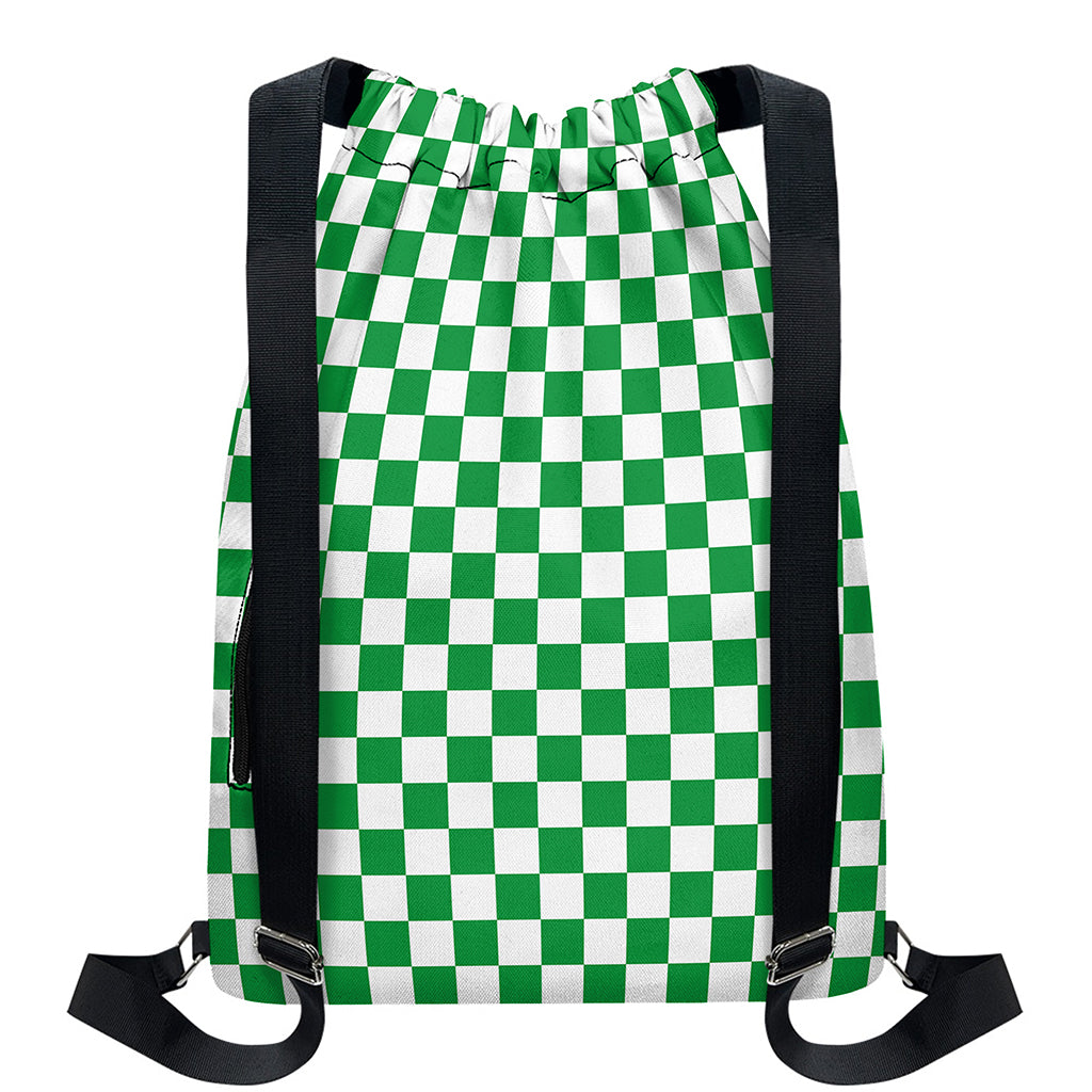 Green And White Checkered Pattern Print Drawstring Backpack