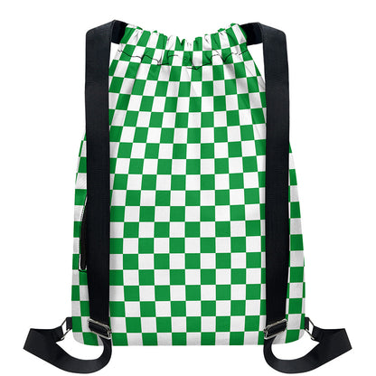 Green And White Checkered Pattern Print Drawstring Backpack