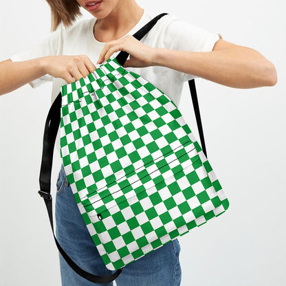 Green And White Checkered Pattern Print Drawstring Backpack