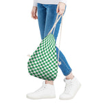 Green And White Checkered Pattern Print Drawstring Bag
