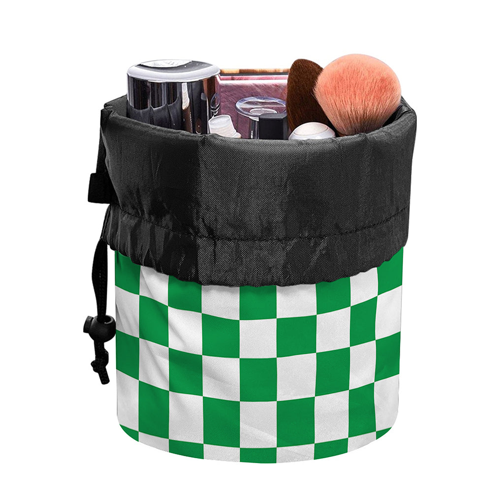 Green And White Checkered Pattern Print Drawstring Makeup Bag