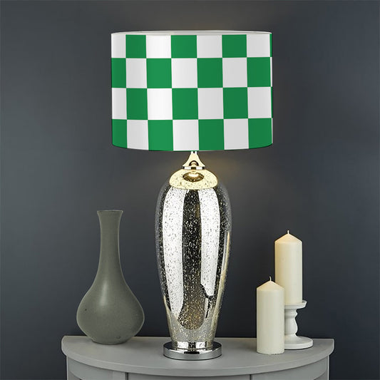 Green And White Checkered Pattern Print Drum Lamp Shade
