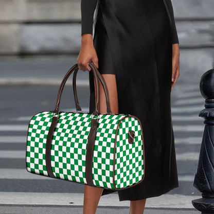 Green And White Checkered Pattern Print Duffle Bag