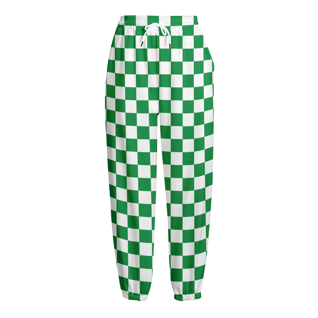 Green And White Checkered Pattern Print Fleece Lined Knit Pants