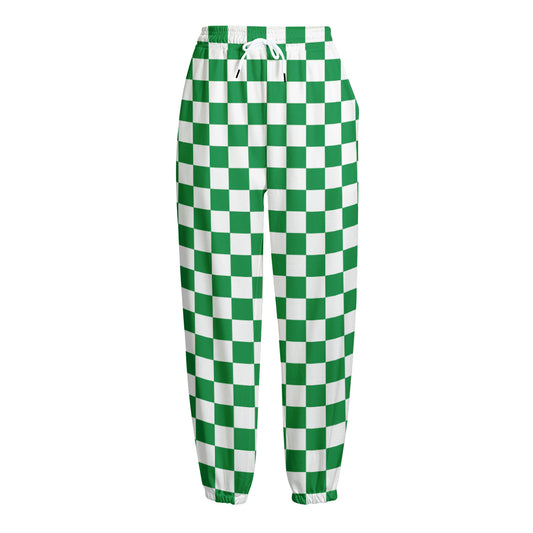 Green And White Checkered Pattern Print Fleece Lined Knit Pants