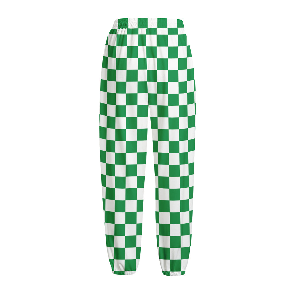 Green And White Checkered Pattern Print Fleece Lined Knit Pants