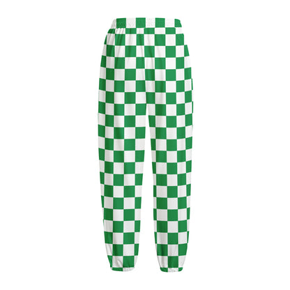 Green And White Checkered Pattern Print Fleece Lined Knit Pants