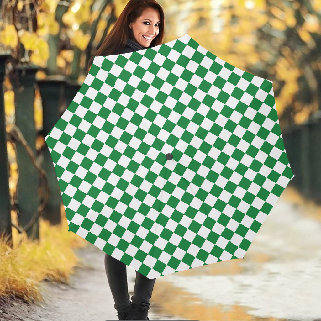Green And White Checkered Pattern Print Foldable Umbrella