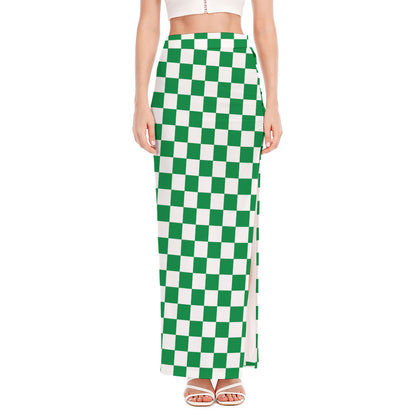 Green And White Checkered Pattern Print High Slit Maxi Skirt