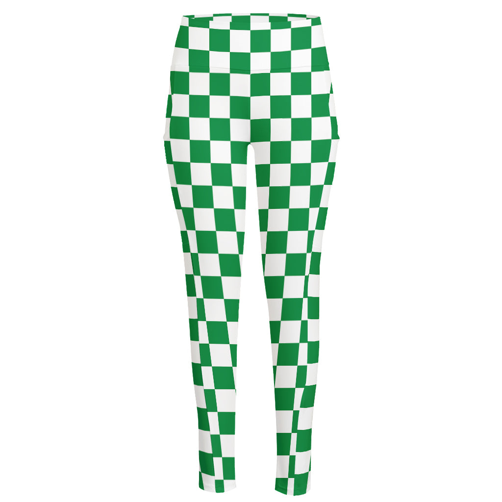 Green And White Checkered Pattern Print High-Waisted Pocket Leggings