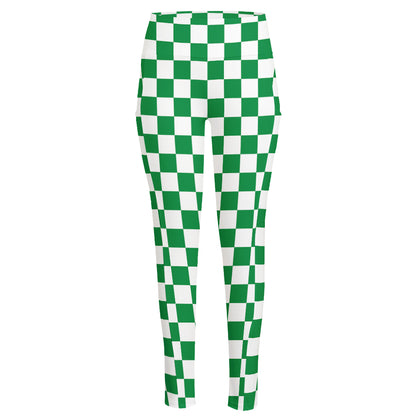 Green And White Checkered Pattern Print High-Waisted Pocket Leggings