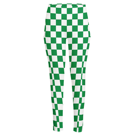 Green And White Checkered Pattern Print High-Waisted Pocket Leggings
