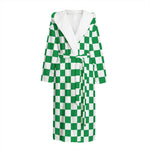 Green And White Checkered Pattern Print Hooded Bathrobe