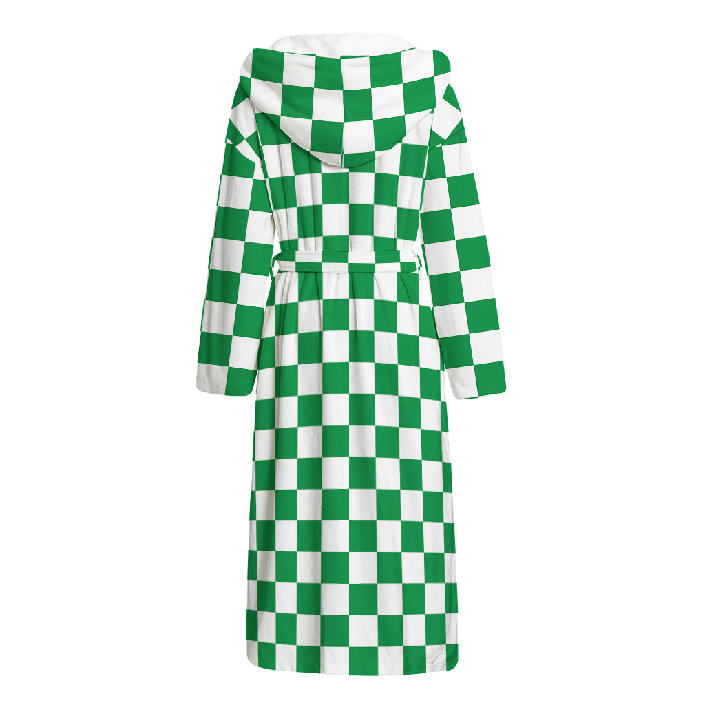 Green And White Checkered Pattern Print Hooded Bathrobe