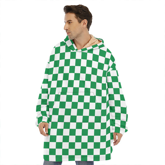 Green And White Checkered Pattern Print Hoodie Blanket