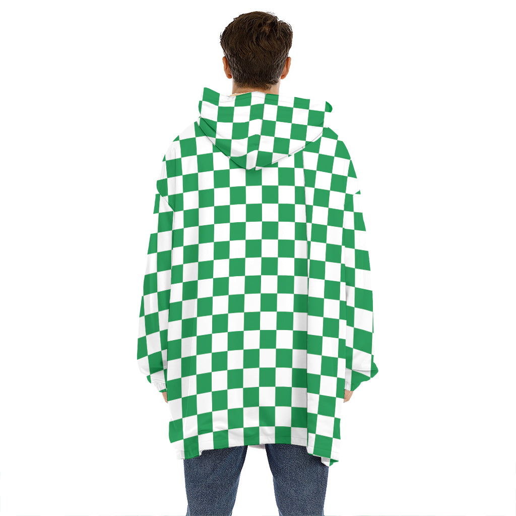Green And White Checkered Pattern Print Hoodie Blanket