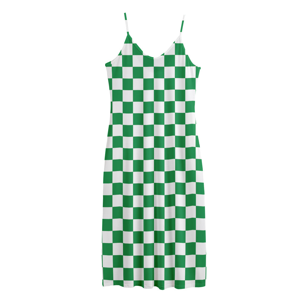 Green And White Checkered Pattern Print Jersey Midi Cami Dress