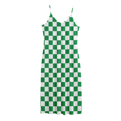 Green And White Checkered Pattern Print Jersey Midi Cami Dress