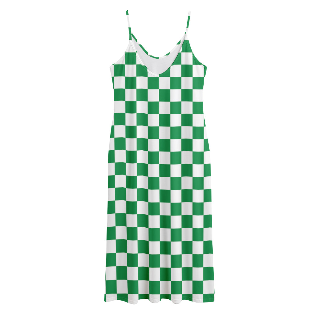 Green And White Checkered Pattern Print Jersey Midi Cami Dress