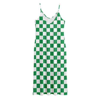 Green And White Checkered Pattern Print Jersey Midi Cami Dress