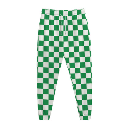 Green And White Checkered Pattern Print Jogger Pants