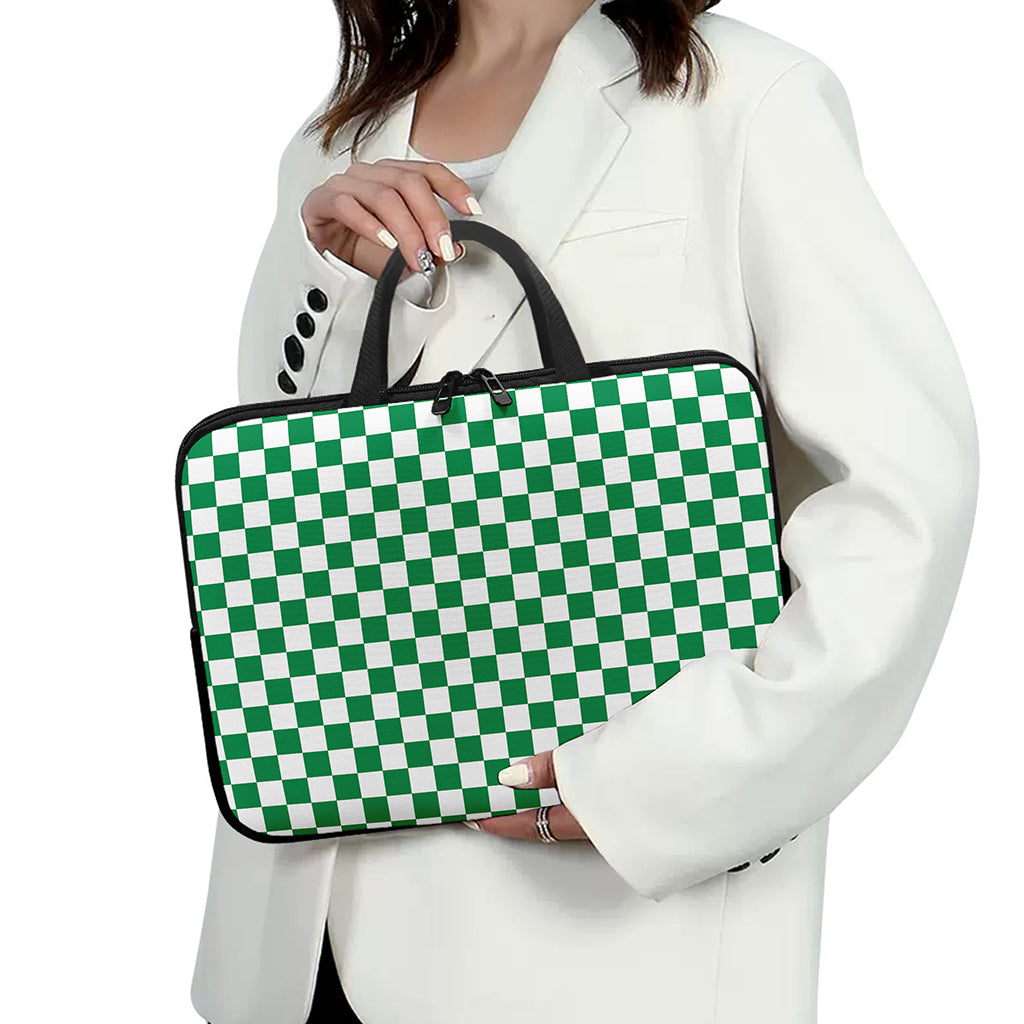 Green And White Checkered Pattern Print Laptop Sleeve With Handle