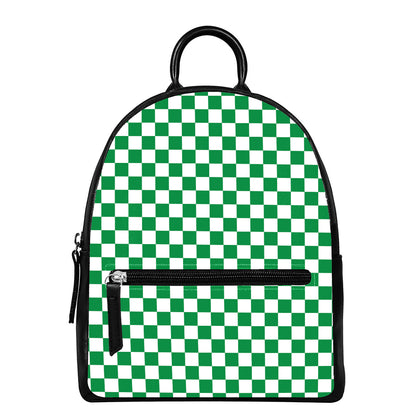 Green And White Checkered Pattern Print Leather Backpack