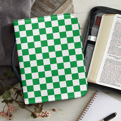 Green And White Checkered Pattern Print Leather Bible Cover